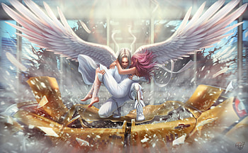 Angel Man Saves A Girl, artist, artwork, digital-art, artstation, angel HD wallpaper