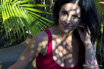 Denise Milani, sexy, babe, model, red tank HD wallpaper