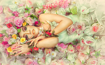 Beauty, girl, model, flowers, petals HD wallpaper