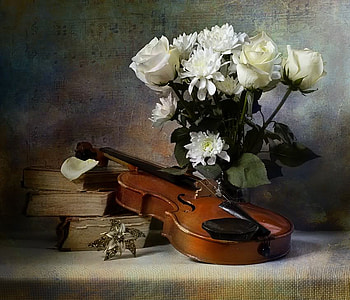 still life, brooch, bouquet, roses, jewelry, violin, books, music, flower, nature, flowers, chrysanthemums HD wallpaper
