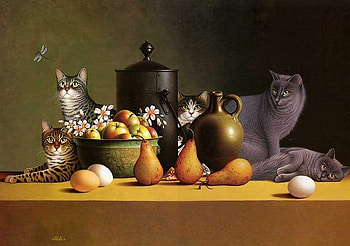 Sweet kittens on table, sweet, kitten, pear, egg, table, fruit, cat HD wallpaper