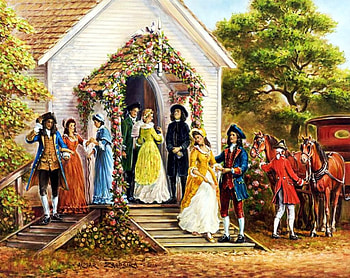 Victorian Wedding, artwork, stairs, painting, path, trees, church, people HD wallpaper