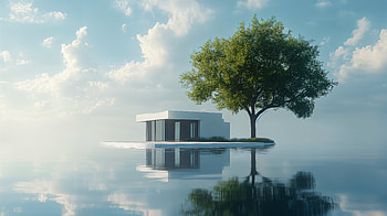 Modern Serenity: A Tree Reflection, Modern, tree, house, water HD wallpaper