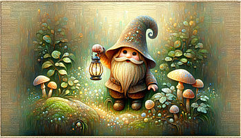 Enchanted Forest Gnome, gnome, lantern, mushroom, forest, fantasy HD wallpaper