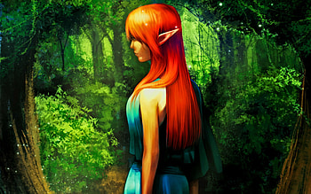 A Shaded Glenn, fantasy, women, redhead, elf, forest HD wallpaper