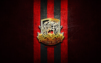 Fukushima United FC, golden logo, J3 League, red metal background, football, japanese football club, Fukushima United logo, Fukushima United HD wallpaper