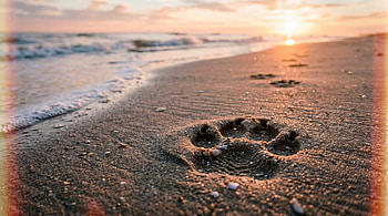 Sunset Pawprint — ; Seaside Pawprint ; Ocean Track Paw Print (), Paw Print, Beach HD wallpaper