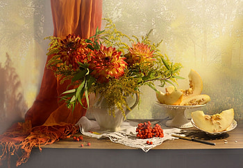 Still life, Flowers, Autumn, Roman, Melon, Dahilas HD wallpaper