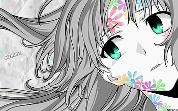 Flower Child, anime, canaan, flower, colour, green eyes, grayscale, female HD wallpaper
