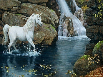Waterfall Glade 1, blue, abstract, glade, fantasy, splash, waterfall, unicorn HD wallpaper