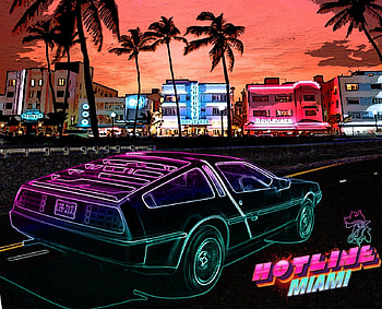 Hotline Miami style, hotline miami, indie, 1989, steam, delorean, debosy, miami HD wallpaper