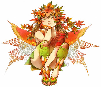 Autum Fairy, sweet, wings, cute, girl, beautiful, orange, fairy, anime, pretty, green, leafs, lovely HD wallpaper