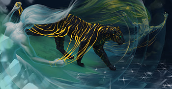 Dance of gods, god, golden, black, fantasy, dance, tiger, art, lordm, tigru HD wallpaper