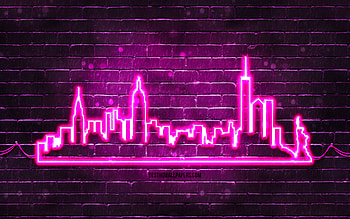 New York purple neon silhouette, , purple neon lights, New York skyline silhouette, purple brickwall, american cities, neon skyline silhouettes, USA, New York silhouette, New York, NYC HD wallpaper
