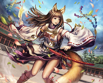 Kitsune, cute, long hair, beauty, nice, petals, , talisman, warrior, female, sexy, sweet, tails, hot, girl, beautiful, anime girl, anime, pretty, ears, lovely HD wallpaper
