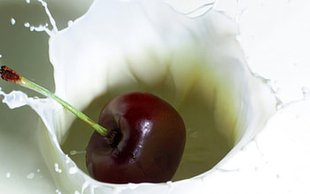 Cherry Milk Drop, milk, drop, cherry, splash, fruit, food HD wallpaper