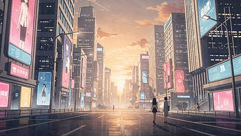 Neon Dawn: Anime City, Anime City, Anime, Street HD wallpaper