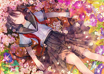 Anime, skirt, ribbon, uniform, girl, long hair, tie, petals, flowers, water, pond, bow, female HD wallpaper