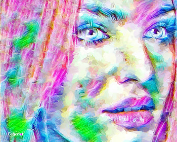 Candice Swanepoel, blue, colorful, model, girl, cehenot, pink, painting, abstract, pictura, portrait, green, yellow, face HD wallpaper
