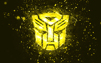 Transformers yellow logo, , yellow neon lights, creative, yellow abstract background, Transformers logo, cinema logos, Transformers HD wallpaper