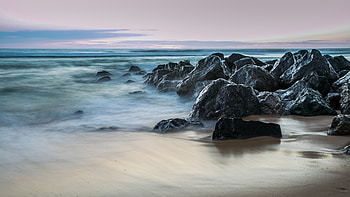 Rocks, coast, sunset, dawn, sea HD wallpaper