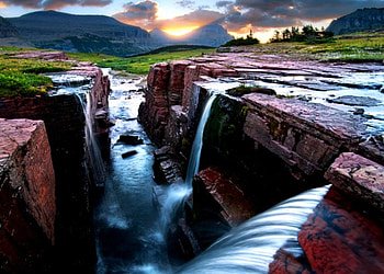 Sunrise At Glacier National Park, creek, Montana, canyon, clouds, sky, beautiful, mountains, sunrise HD wallpaper