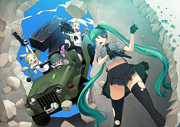 Vocaloid under Fire!, anime, hatsune miku, megurine luka, army, kagamine rin, guns, kagamine len, war HD wallpaper