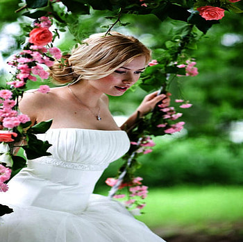 FRESH..., colorful, white, morning, spring, play, woman, flower, green, bride HD wallpaper