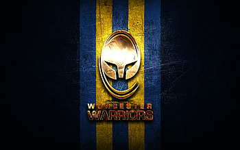 Worcester Warriors, golden logo, Premiership Rugby, blue metal background, english rugby club, Worcester Warriors logo, rugby HD wallpaper