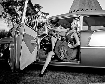 Retro Car, retro, graphy, Girl, Car, Black and White HD wallpaper