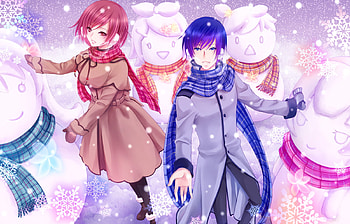 Meiko & Kaito, winter, blue, awesome, cute, vocaloid, beauty, nice, snowflakes, vocaloids, snow, white, meiko, girl, kaito, beautiful, diva, snowman, pink, boy, anime, pretty, christmas, love, snowwomen, cool, sky, idol, virtual, scarf HD wallpaper