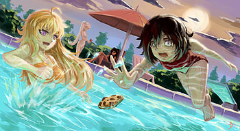Rwby blake belladonna clouds moon pool ruby rose rwby signed sky swimsuit weiss schnee yang xiao long yuugyou you | | 124291 | ... HD wallpaper