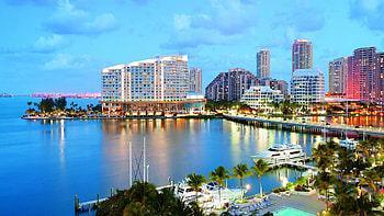 miami at dusk, city, lights, bay, bridge, dusk HD wallpaper
