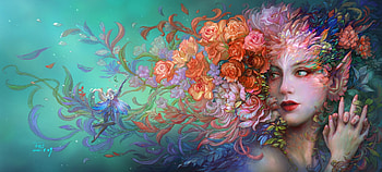 Flora, blue, rose, flower, ftt, fttart, fmhart, frumusete, fmh, gorgeous, girl, orange, f tt, superb, fairy, summer, fantasy, red, green, face, luminos, trandafir, queen, menghua fang HD wallpaper