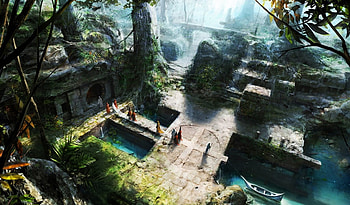 Fantasy world, trees, boat, grass, water HD wallpaper