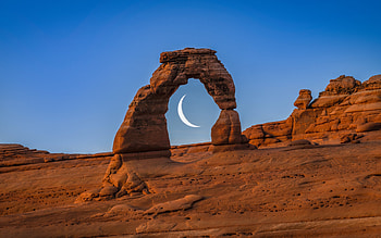 Moon, orange, canyon, blue, nature, sky HD wallpaper