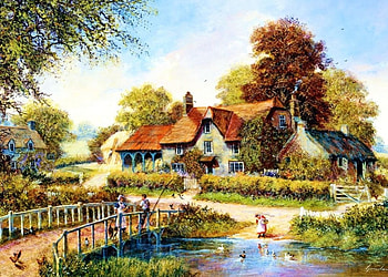 The Old Bridge, river, fishing, landscape, people, artwork, ducks, painting, trees, cottage HD wallpaper