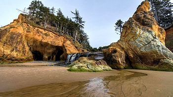 Hug Point, Oregon, usa, river, Rocks, coast, trees, clouds, sky, cascade HD wallpaper