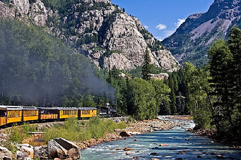 Durango and Silverton Railroad, trees, river, train, mountain HD wallpaper