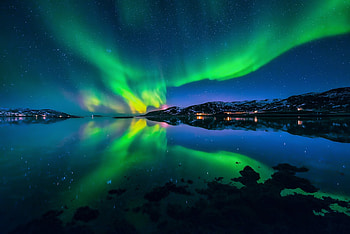 Northern lights, night, reflection, mountains, water HD wallpaper