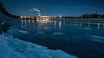 Cities, Rivers, Ice, Lights, Night City, Frozen HD wallpaper