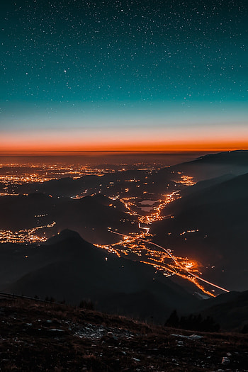 Cities, Mountains, Lights, View From Above, Starry Sky, Night City HD phone wallpaper
