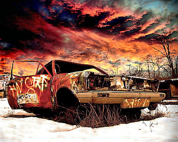 scrap_car, car, clouds, colors, sky, nature, sunset HD wallpaper