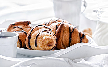 Croissant , White cup of coffee, Pastry assortment, High quality HD wallpaper