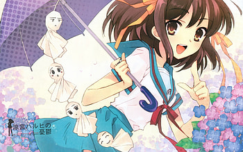 Suzumiya Haruhi, umbrella, series, character, doll, flower, short hair, female, brown eyes, skirt, ribbon, teru teru bozu, suzumiya haruhi no yuuutsu, brown hair, blush, hair bow, solo, open mouth HD wallpaper