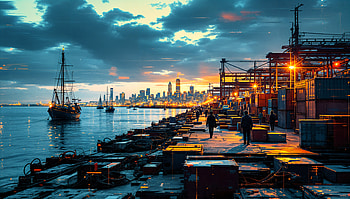 Port at Sunset: Vibrant Harbor and Cityscape View, port, cityscape, harbor, boat HD wallpaper