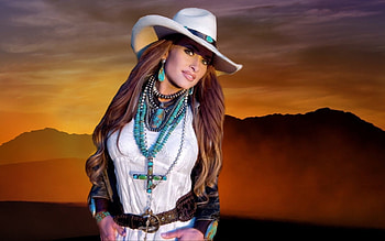 Beautiful Cowgirl, cowgirl, beautiful, jewelry, woman, Brunette, pretty, Long hair, Hat, western, sunset, female HD wallpaper