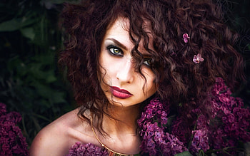 Beauty, model, girl, spring, woman, purple, pink, portrait, flower, face, lilac HD wallpaper