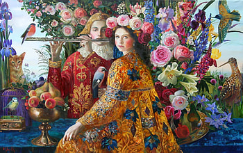 :), flute, art, bird, man, girl, orange, olga suvorov, instrument, painting, red, pictura, flower, couple HD wallpaper