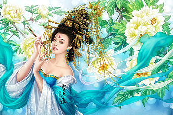 Oriental Beauty, blue, art, geisha, chinese, girl, woman, beauty, digital, fantasy, flowers HD wallpaper